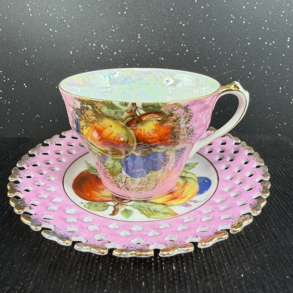 Royal Halsey Very Fine Pink Fruit Reticulated Tea Cup and Saucer Set Gold Gilt